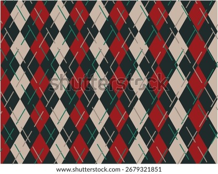 Seamless retro argyle pattern in red, black, and beige tones with diagonal crisscross lines. Classic diamond checkered design, perfect for textile, fashion, backgrounds, wrapping, and vintage projects