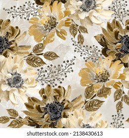 Seamless retro floral pattern with watercolor effect. Golden, yellow flowers on a light background.