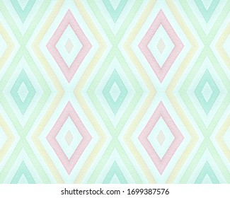 Seamless Rhombus Pattern. Watercolour Diamond Background. Abstract Geometric Carpet. Pastel African Ethnic Design. Blue Rhombus Pattern. Drawn by Hand Squares. Diamond Ornament. Rhombus Pattern.