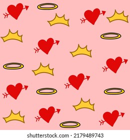 Seamless Romantic Heart Icon With Cupid Arrow And Gold Pattern With King Crowns On A Pink Color Background. Abstract Illustration.