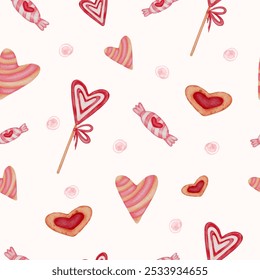 Seamless Romantic Pattern with Pink Red Sweets: Hearts, Candy, and Confections for Valentine's Day - Powered by Shutterstock