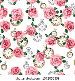 Seamless roses pattern and vintage watches