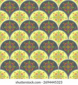 Seamless scallop fish scale pattern with intricate, colorful starburst motifs in each fan tile. Muted, vintage aesthetic in pale yellow lime green and charcoal gray, resembling ornate ceramic tiles.