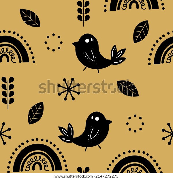 Seamless Scandinavian Pattern with rainbow, bird, and floral elements with neutral mustard yellow background for wallpaper, textile, and gift wrapper