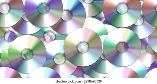 Seamless scattered pile or stack of vintage compact discs (CDs, DVDs or CD-ROMs). Retro 90s and 2000s computer technology, music or film media concept backdrop or background pattern. 3D rendering