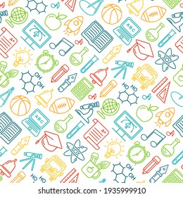 Seamless School Background. Education Pattern With Modern Line Style Icons.	
