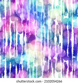 Seamless Seventies Tie Dye Stripe Bokeh Texture. Hippie Summer Wavy Striped Repeat Background With Ink Dyed Effect.