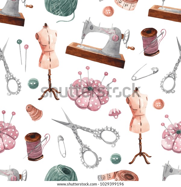 Seamless Sewing Pattern Sewing Machine Scissors Stock Illustration ...