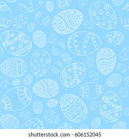 Seamless Simple Pattern With Easter Eggs. Easter Holiday Blue Background Of Ornamental Eggs