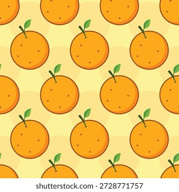 Seamless simple vector orange fruit pattern with green leaves on vibrant Crayola Yellow background for summer branding.