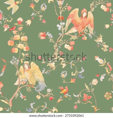 Seamless Slavic Folk Pattern with Alkonost Birds, Floral Ornaments and Mythological Tree of Life