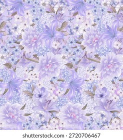 Seamless Soft Lavender Floral Pattern with Lilies and Peonies in Pastel Tones