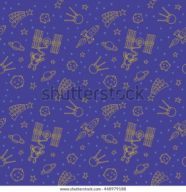 Seamless space doodle pattern with rockets,\
astronauts, stars and\
comets