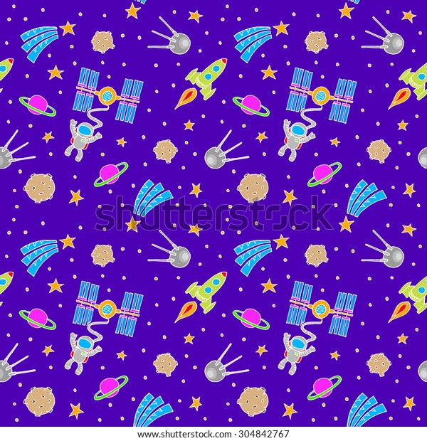 Seamless space doodle with rockets, astronauts,\
stars and\
comets
