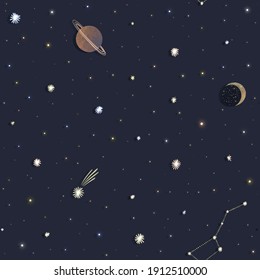 Seamless space pattern with stars, planets, moon and comets