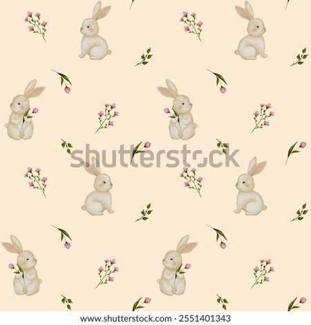 Seamless Spring Bunny Pattern – Cute Rabbits, Flowers, and Pastel Leaves for Baby Textile Design