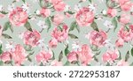 Seamless spring pattern with watercolor peonies and sakura flowers for textiles. High quality photo