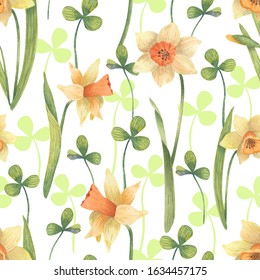 Seamless spring pattern with yellow daffodils and clover leaves. Can be used as a background texture, wrapping paper, textile, or Wallpaper design.