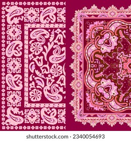 Seamless square patchwork design with ethnic paisley, mughal art border for textile print, wallpaper, scarf.