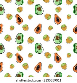 Seamless square pattern, exotic fruits on a white background, avocado slices, kiwi, cartoon style