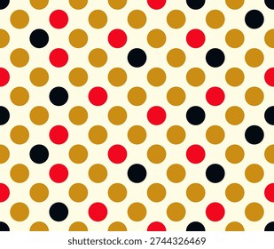 Seamless square tile with simple polka dot pattern in gold, red, and black on cream background. Minimalist retro design for fabric, wallpaper, and surface decoration.
