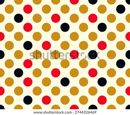 Seamless square tile with simple polka dot pattern in gold, red, and black on cream background. Minimalist retro design for fabric, wallpaper, and surface decoration.