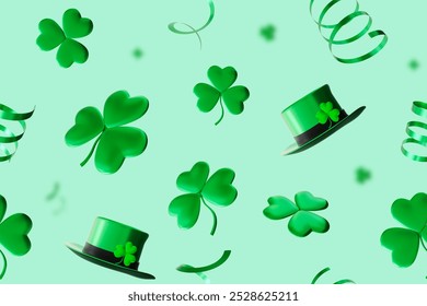 Seamless St. Patrick's Day pattern with clover, shamrock. Repeating design is festive and vibrant, ideal for creating holiday-themed decorations, fabrics and packages or wrapping. 3D Illustration