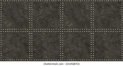 Seamless Steampunk Steel Metal Wall Plate With Rivets Background Texture. Tileable Rough Grungy Grey Brown Tarnished Metallic Floor Panel. Industrial Or Scifi Spaceship Bulkhead Pattern 3D Rendering
