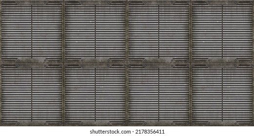 Seamless Steel Floor Plate Background Texture. Tileable Industrial Rusted Scratched Metal Grate Or Grille Bulkhead Panel Pattern. 8K High Resolution Silver Grey Rough Metallic Iron 3D Rendering.
