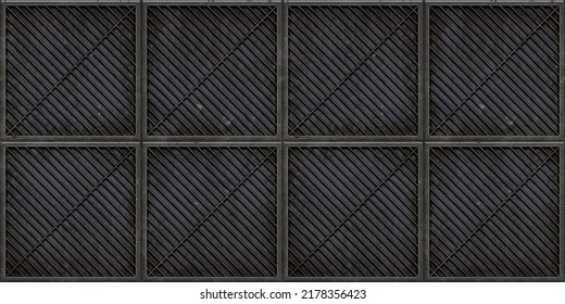 Seamless Steel Floor Plate Background Texture. Tileable Industrial Rusted Scratched Metal Grate Or Grille Bulkhead Panel Pattern. 8K High Resolution Silver Grey Rough Metallic Iron 3D Rendering.
