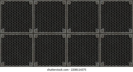 Seamless Steel Floor Plate Background Texture. Tileable Industrial Rusted Scratched Metal Grate Or Grille Bulkhead Panel Pattern. 8K High Resolution Silver Grey Rough Metallic Iron 3D Rendering.
