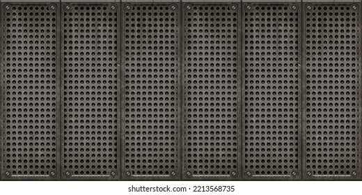 Seamless Steel Floor Plate Background Texture. Tileable Industrial Rusted Scratched Metal Grate Or Grille Bulkhead Panel Pattern. 8K High Resolution Silver Grey Rough Metallic Iron 3D Rendering.
