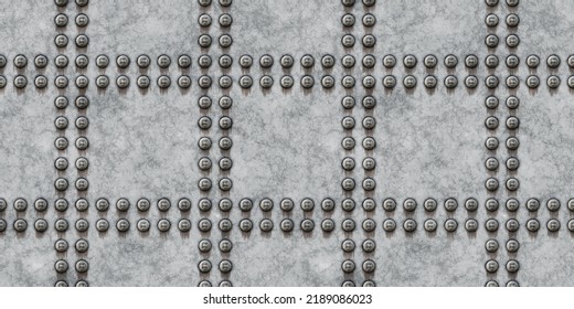 Seamless Steel Metal Plate With Rivets Background Texture. Tileable Rough Grungy Silver Grey Metallic Wall Or Floor Panel. Industrial Or Science Fiction Spaceship Bulkhead Pattern. 3D Rendering.
