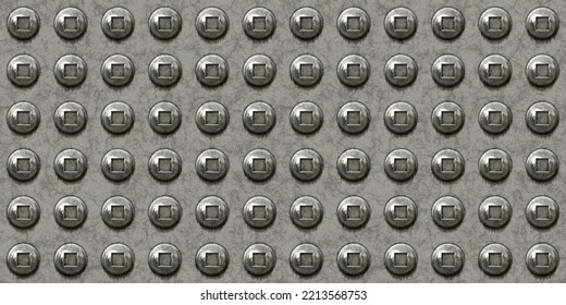 Seamless Steel Metal Plate With Rivets Background Texture. Tileable Rough Grungy Silver Grey Metallic Wall Or Floor Panel. Industrial Or Science Fiction Spaceship Bulkhead Pattern. 3D Rendering.
