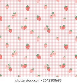 Seamless strawberry pattern on pink gingham with small scale layout – tiny hand-drawn fruit over pastel check background for fabrics, digital papers, or cute crafts