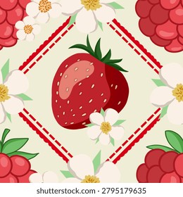 Seamless Strawberry Raspberry  Red Fruit Pattern of colorful spring summer Fruit in various shapes and sizes with green leaves, Seamless Fruit Floral Background, hand-drawn style, Spring Summer Background 
