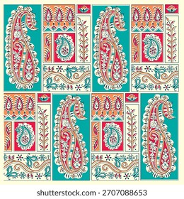 Seamless structured pattern featuring traditional Indian or Persian Paisley motifs arranged in rectangular vertical and horizontal blocks.The design uses a bold, eye-catching color palette of teal.