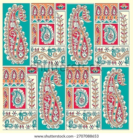 Seamless structured pattern featuring traditional Indian or Persian Paisley motifs arranged in rectangular vertical and horizontal blocks.The design uses a bold, eye-catching color palette of teal.