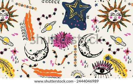 seamless summer pattern design. sky figures. star, moon, heart patterns.Beatiful colorful eyes moon geometric pattern