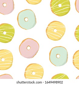 Seamless summer pattern with sweet glazed donuts. Tasty illustration for bakery, wrapping paper, textile print , birthday, party or National donut Day. - Powered by Shutterstock