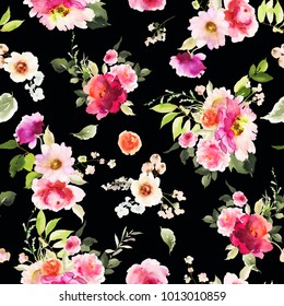 Seamless Summer Pattern With Watercolor Flowers Handmade. Black Background