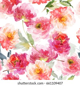 Seamless Summer Pattern With Watercolor Flowers Handmade. Big Peony White Background