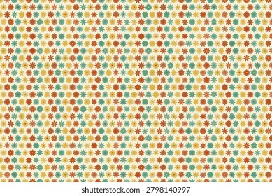 A seamless surface pattern design featuring small retro style daisylike flowers arranged in a repeating grid layout with an earthy color palette of orange yellow and teal on cream