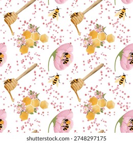 Seamless surface pattern with a hand-drawn honeybee floral theme. Repeating, tillable, wallpaper background