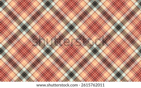 Seamless tartan pattern creating diagonal lines with orange, red, brown and light blue, perfect for backgrounds and textiles