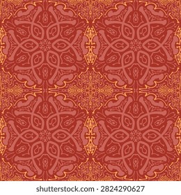Seamless Terracotta Moroccan Mandala Pattern with Gold Accent Ethnic Boho. Seamless Moroccan mandala pattern in warm terracotta red and gold tones. Features intricate ornamental geometric and floral details. Perfect for bohemian fabric, home decor, wallpaper, textile, and ethnic design. Tileable illustration