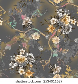 seamless textile abstract floral pattern, digital flowers with abstract gary background for textile printing and decorations 