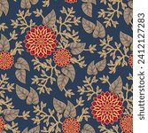 Seamless textile floral pattern with Gary leaf, abstract blue background for textile print