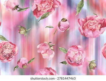 Seamless textile pattern with peonies on a blur background. Eclecticism, realistic flowers, and digital drawing for textiles and design.