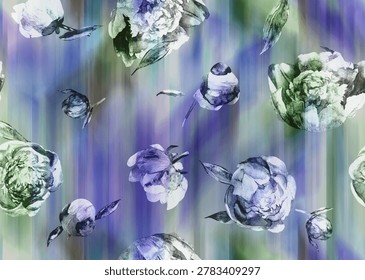 Seamless textile pattern with peonies on a blur background. Eclecticism, realistic flowers, and digital drawing for textiles and design.